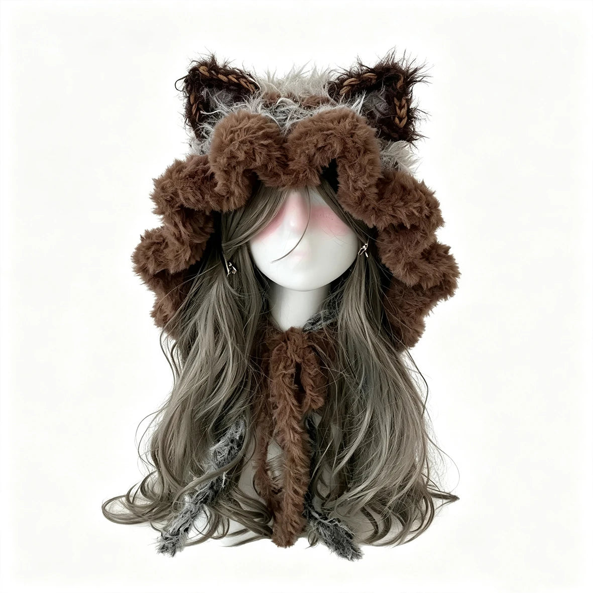Gorro de ganchillo hecho a mano, personalizado, marrón y gris, con orejas de gato, suave y esponjoso, de punto, para mujer y hombre, cálido para invierno, informal, para cosplay, estilo Goblincore, regalo.
