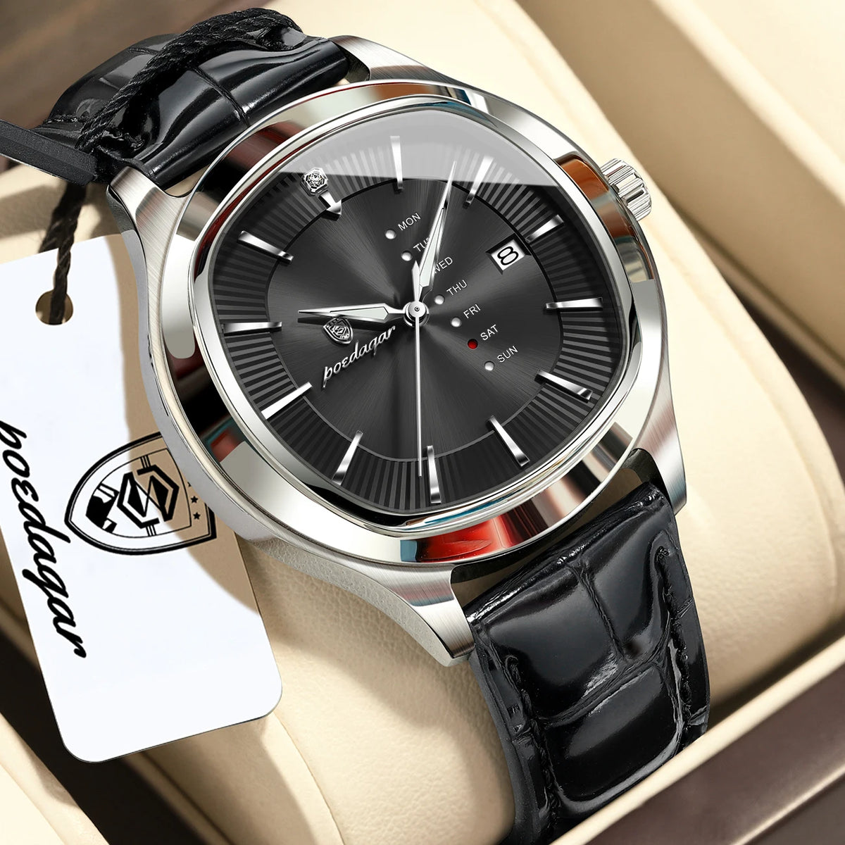 POEDAGAR Fashion Man Clock Waterproof Luminous Date Week Sport Men Wristwatch Leather Business Men's Quartz Watches Reloj Hombre