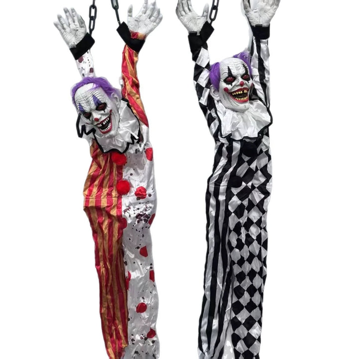 Accesorios para Fiesta de Halloween: Payaso Colgante Animado con Cadena, Ojos Brillantes y Sonido Espeluznante para Decoración de Casa Embrujada o Jardín Exterior