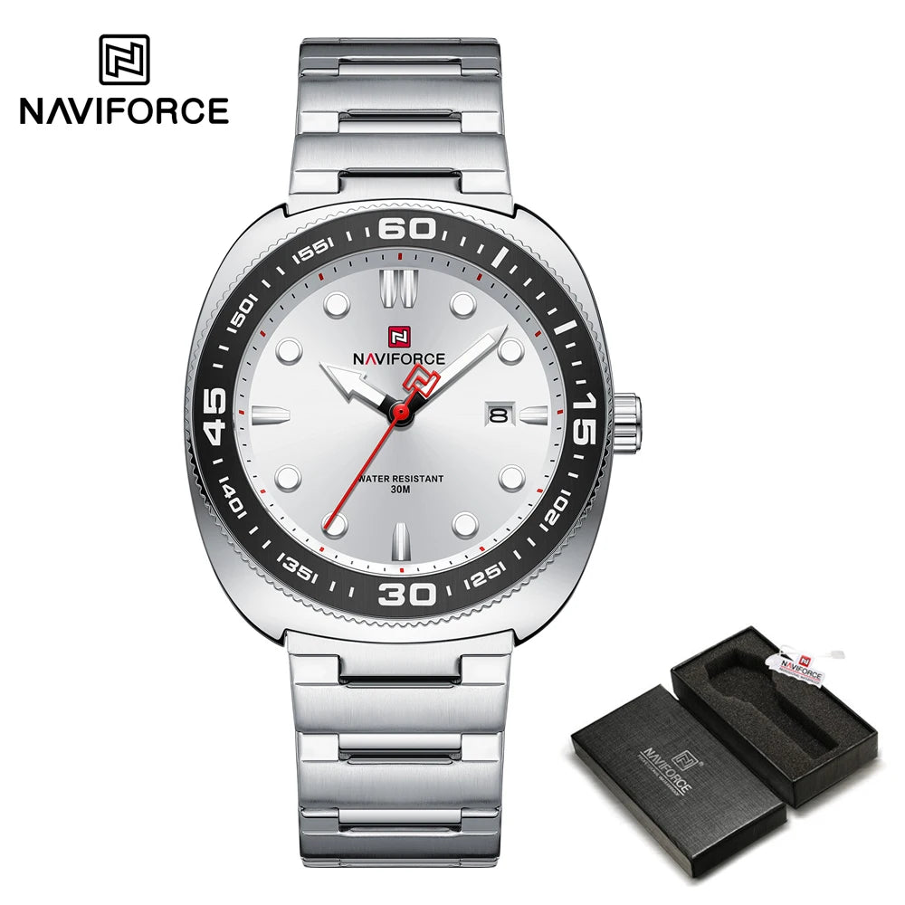 Reloj para hombre NAVIFORCE de lujo, estilo ejecutivo, con fechador, manecillas luminosas, correa de acero inoxidable, movimiento de cuarzo, reloj de marca a la moda