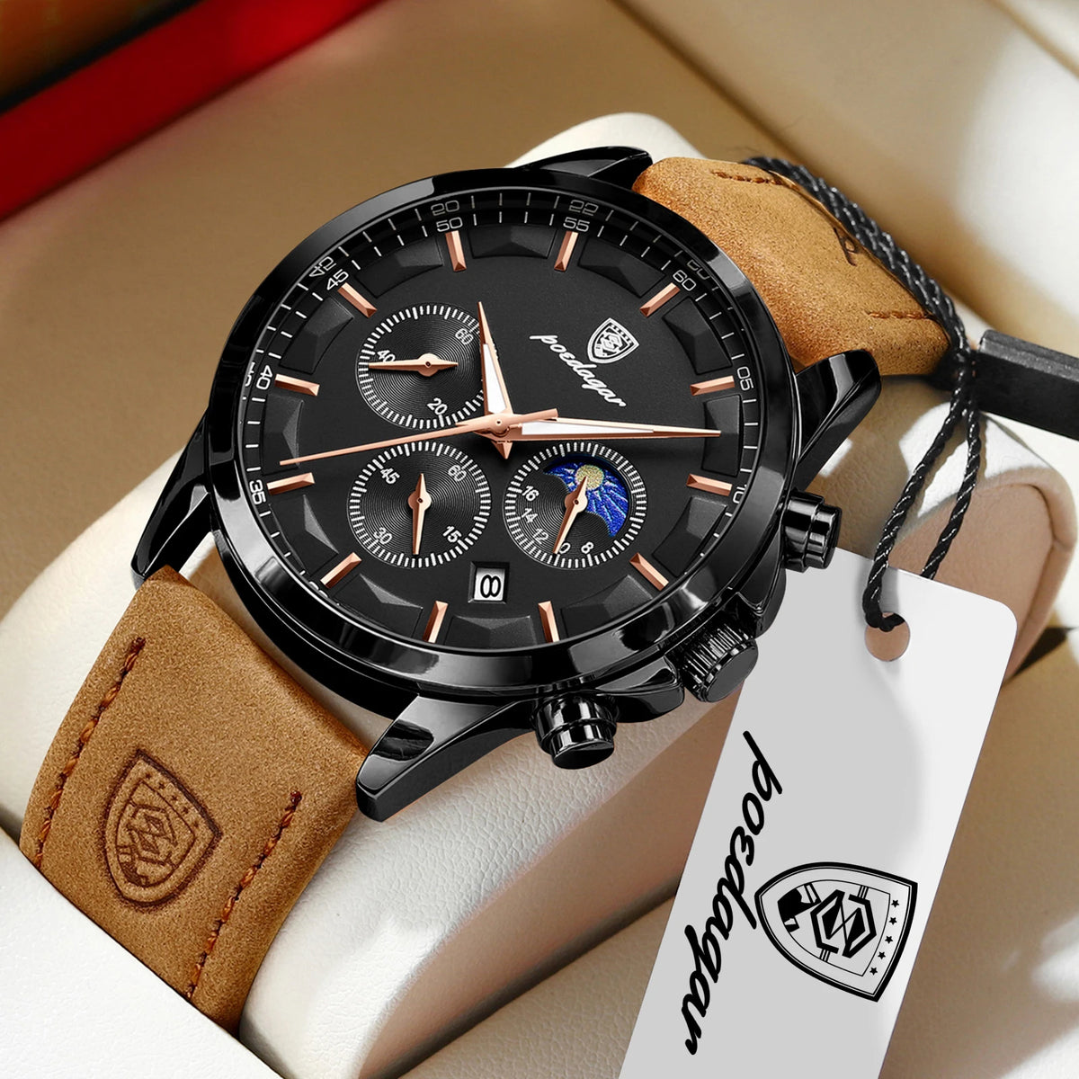 Reloj de pulsera para hombre POEDAGAR, deportivo y de lujo, con cronógrafo, resistente al agua, luminoso, con fecha y correa de piel, ideal para negocios.