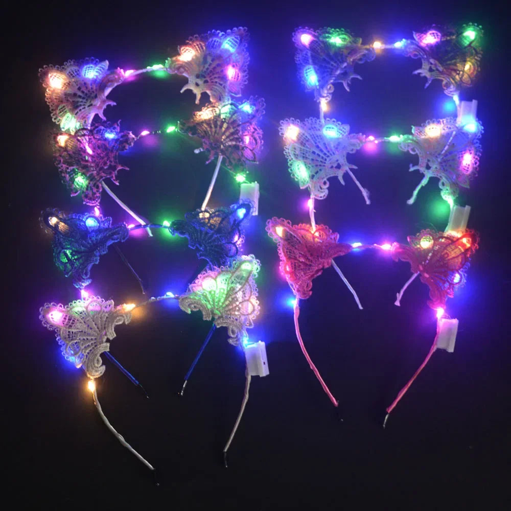 20 piezas de luces LED intermitentes de encaje con orejas de animales, diadema de gato y zorro para Cosplay, fiesta de cumpleaños, Rave, Festival de boda