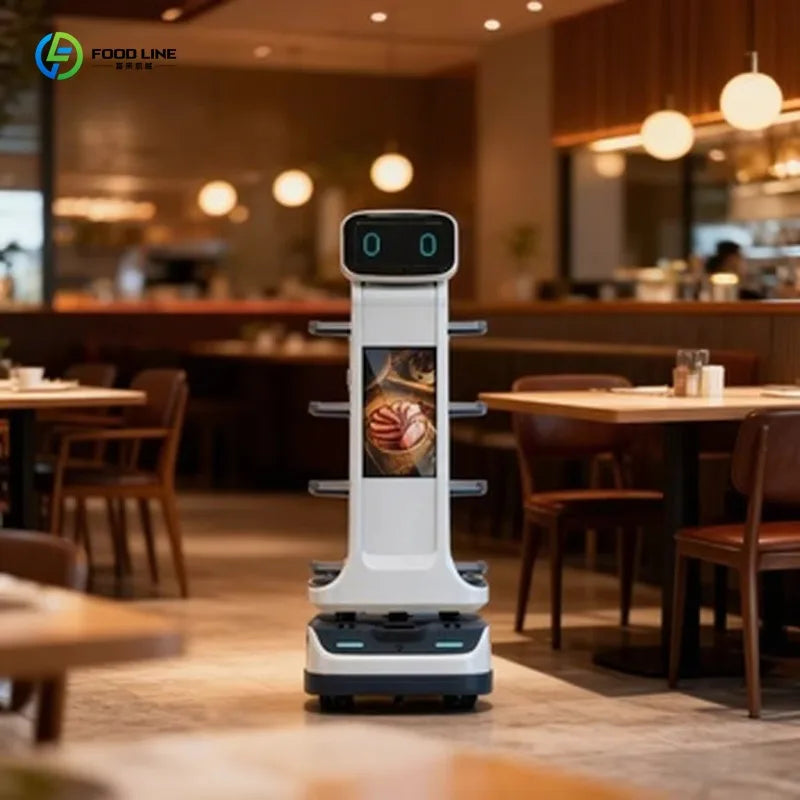 Robot de entrega autónomo con soporte de platos y base con ruedas