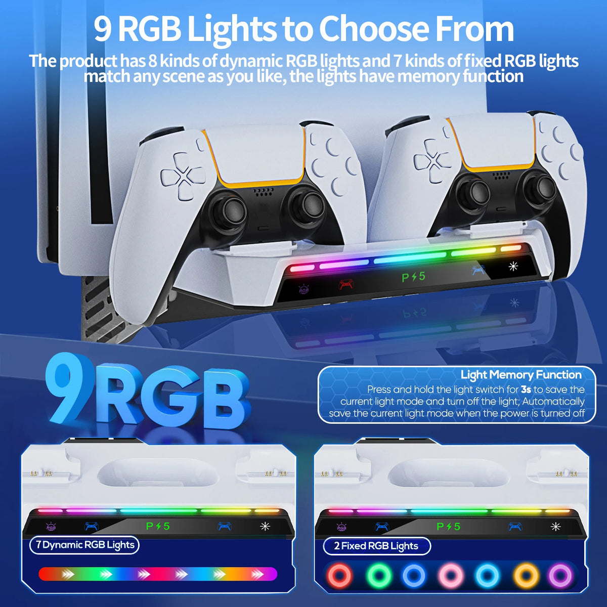 Kit de montaje en pared para consola PS5/Pro/Slim con estación de carga de luz RGB y soporte para auriculares para accesorios de doble mando PS5