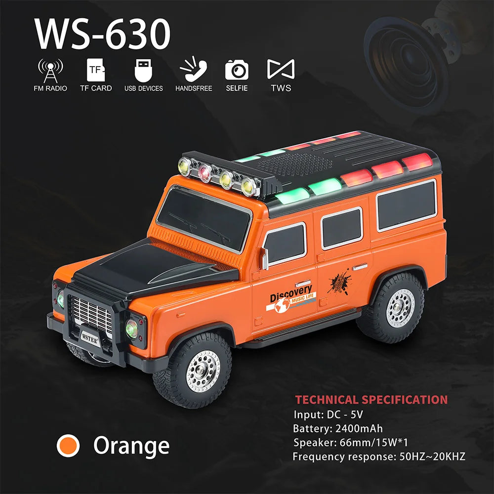15W Car Shape Wireless Bluetooth Speaker WS-630 Desktop Computer Subwoofer with FM Radio USB/TF Card TWS Pairing LED Headlight