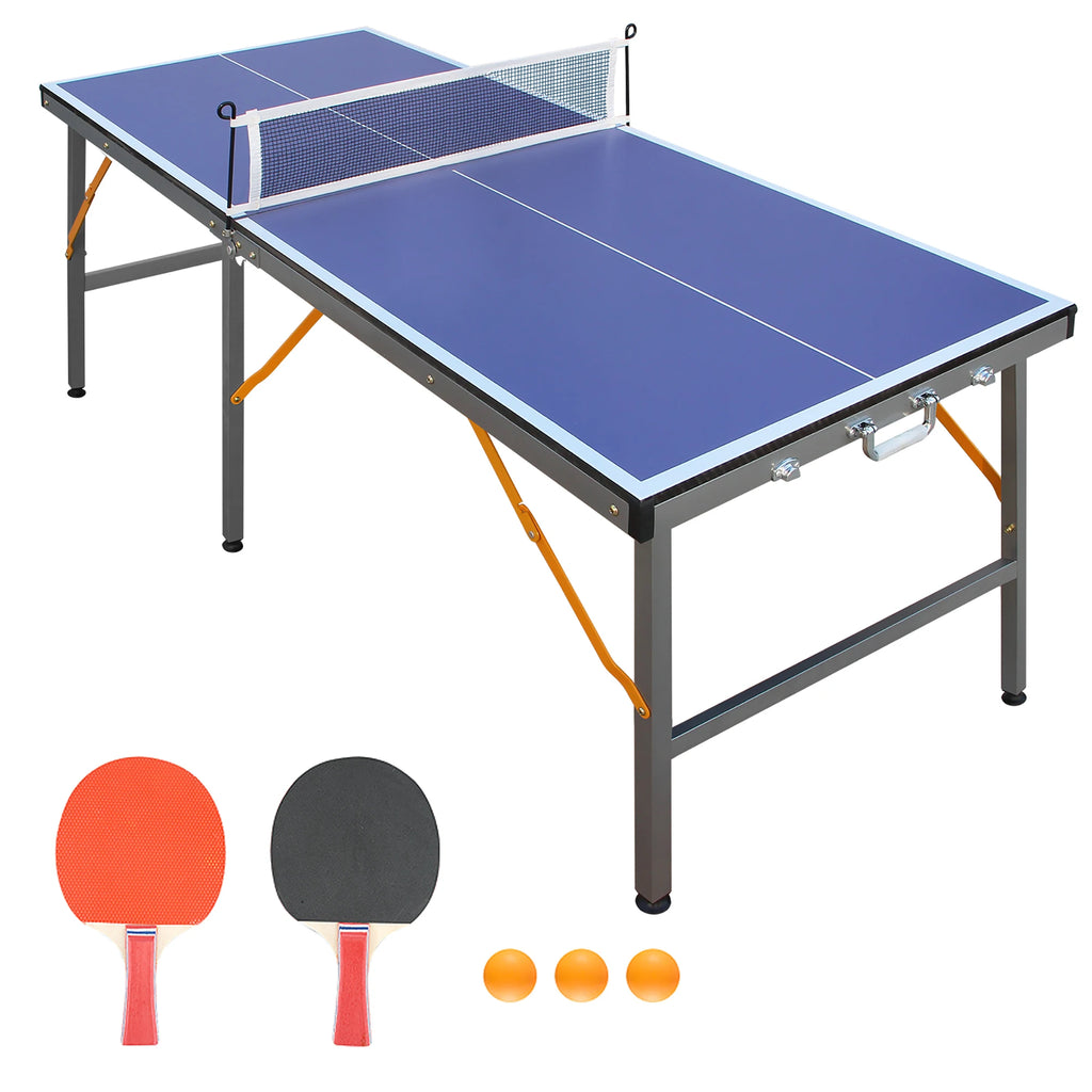 Mesa de ping-pong plegable con red, 2 palas y 3 pelotas - Panel azul de alta densidad, diseño estable de 6 patas, portátil para uso en interiores/exteriores, para niños y adultos