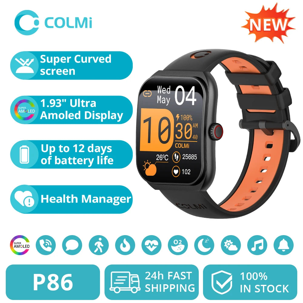 New COLMI P86 1.93" AMOLED Smartwatch Men Health Manager Bluetooth Call IP68 Waterproof Smart Watch Women For Xiaomi iOS Phone