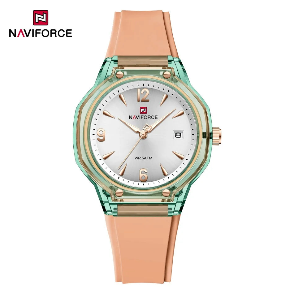 Reloj de moda para mujer NAVIFORCE resistente al agua con pantalla de manecillas luminosas, correa de silicona elegante y brillo nocturno