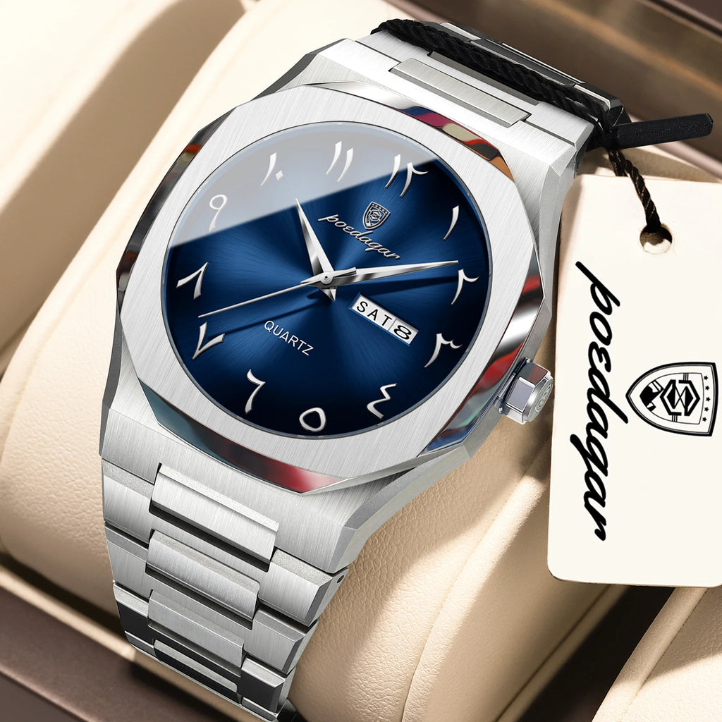 Reloj para hombre POEDAGAR original de cuarzo, resistente al agua, con fecha y día, estilo elegante, empresarial, de acero inoxidable