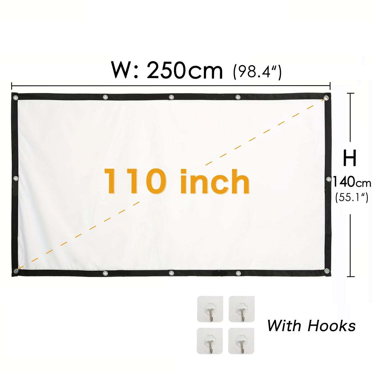 Pantalla de proyector 16:9 plegable blanca 110" con borde negro y ganchos