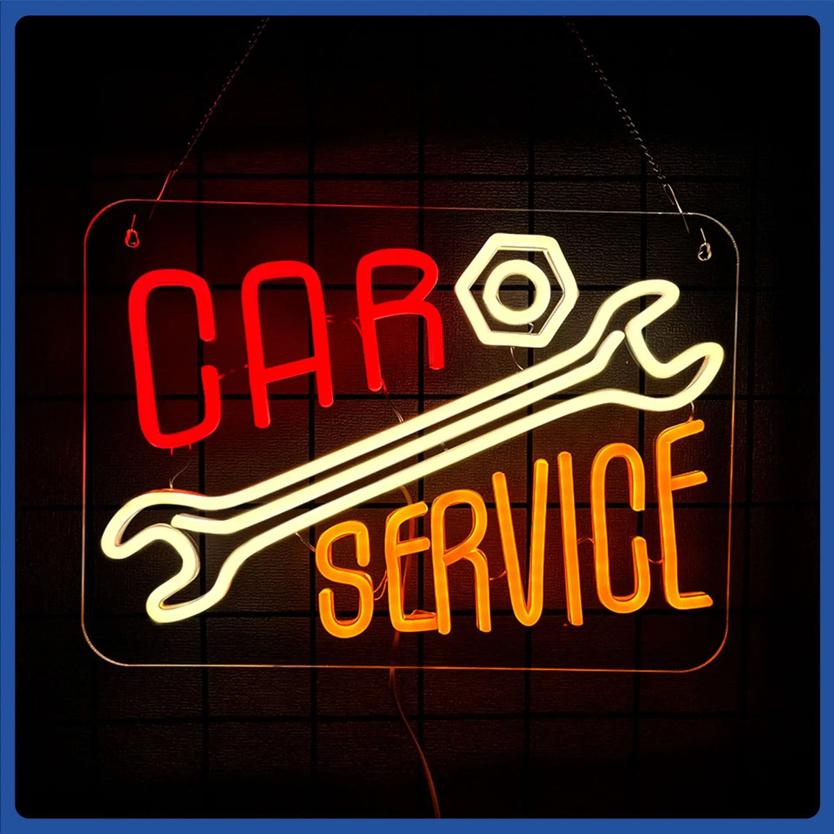 Cartel de neón para pared con texto CAR SERVICE, líneas rojas y amarillas con contorno crema.