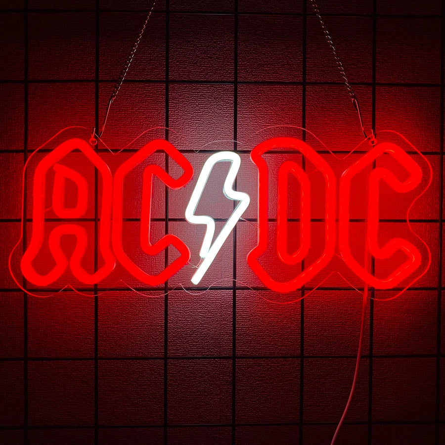 Letrero neón LED rojo con logotipo AC/DC en letras estilo rayo