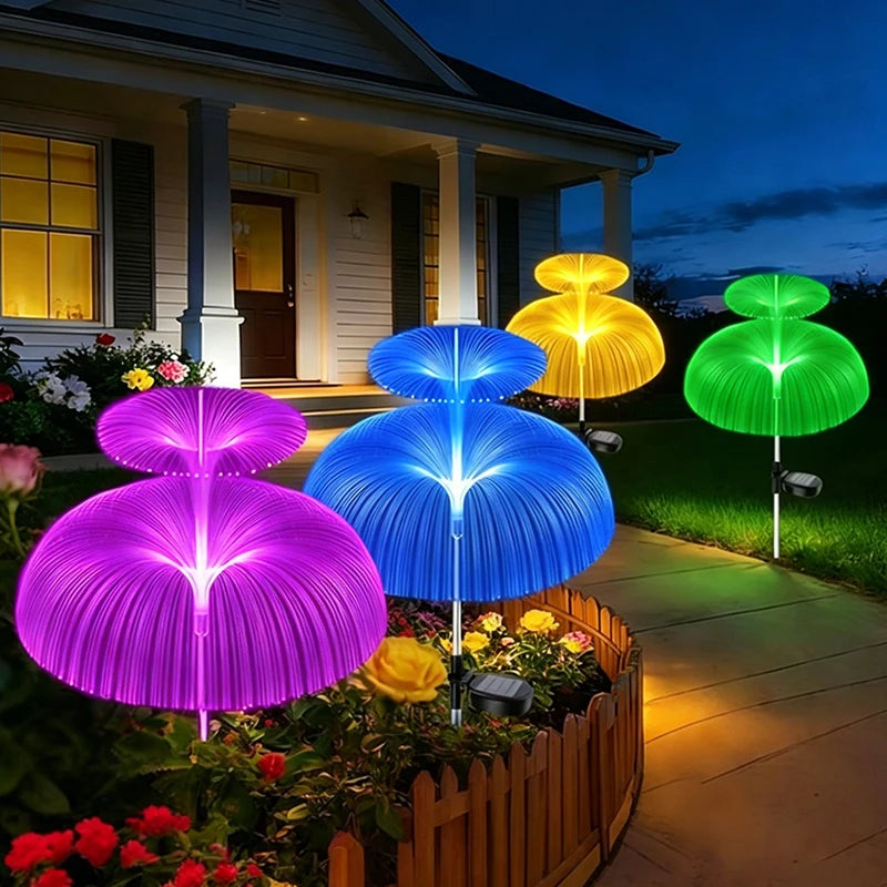 7color Change Fibre LED Double Jellyfish Lights Solar Power Garden Decor Flower Path Lights for Street Patio Balcony Yard
