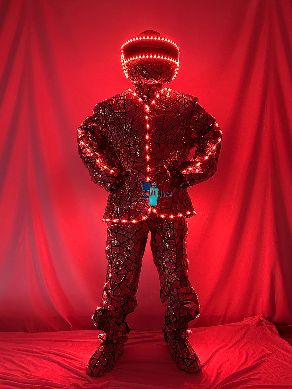 Traje de robot con iluminación LED, revestimiento de espejo, diseño geométrico, para espectáculos de DJ, bares y escenarios.