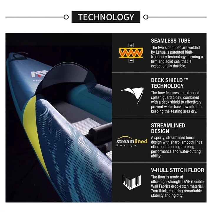 Kayak Inflable AQUA STEAM 312 para 1 Persona, con Piso de Tecnología Drop Stitch, PVC Reforzado 840D, Diseño Aerodinámico, Asiento con Respaldo Alto, Tecnología Deck Shield, para Deportes Acuáticos, Ríos, Lagos, Agua Du