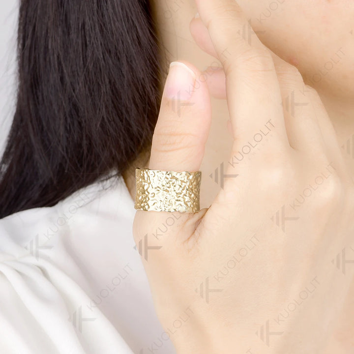 Anillo Personalizado Kuololit de 15 mm de Ancho, Martillado, para Hombre y Mujer, Oro Amarillo Sólido de 10K, Hecho a Mano, para Aniversario, Regalos de Navidad, Fiestas