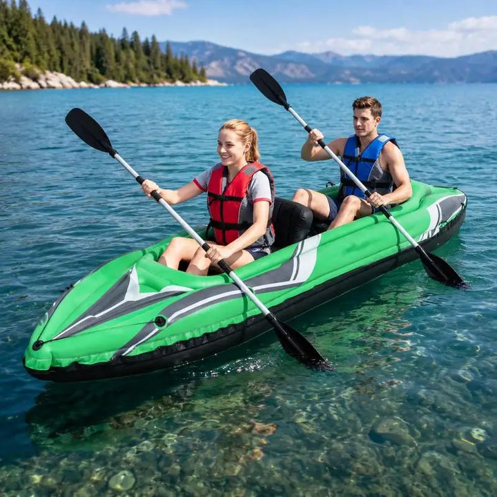 Kayak Inflable de 11.5 Pies para 2 Personas, Resistente, con Palas de Aluminio - Verde