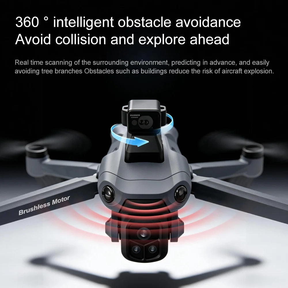 Dron plegable gris con sensor frontal y hélices, vista desde arriba