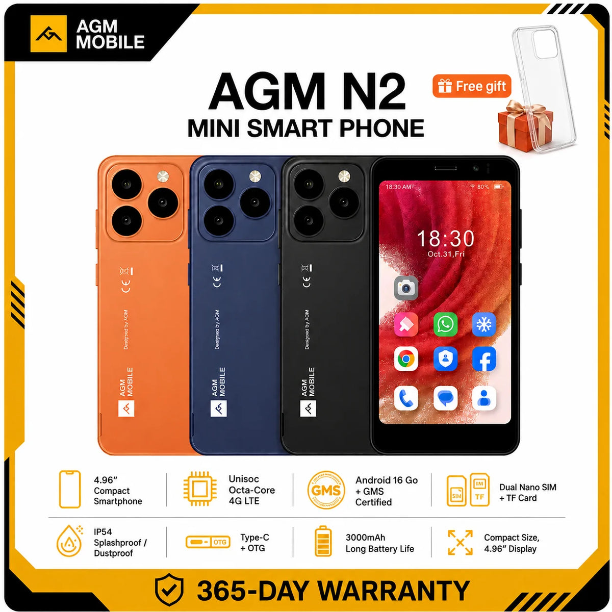 Smartphone AGM N2 Mini, tamaño compacto, pantalla de 4,96 pulgadas, 3 GB de RAM, 32 GB de almacenamiento, batería extraíble de 3000 mAh, sistema Android 16 GO, teléfono ligero