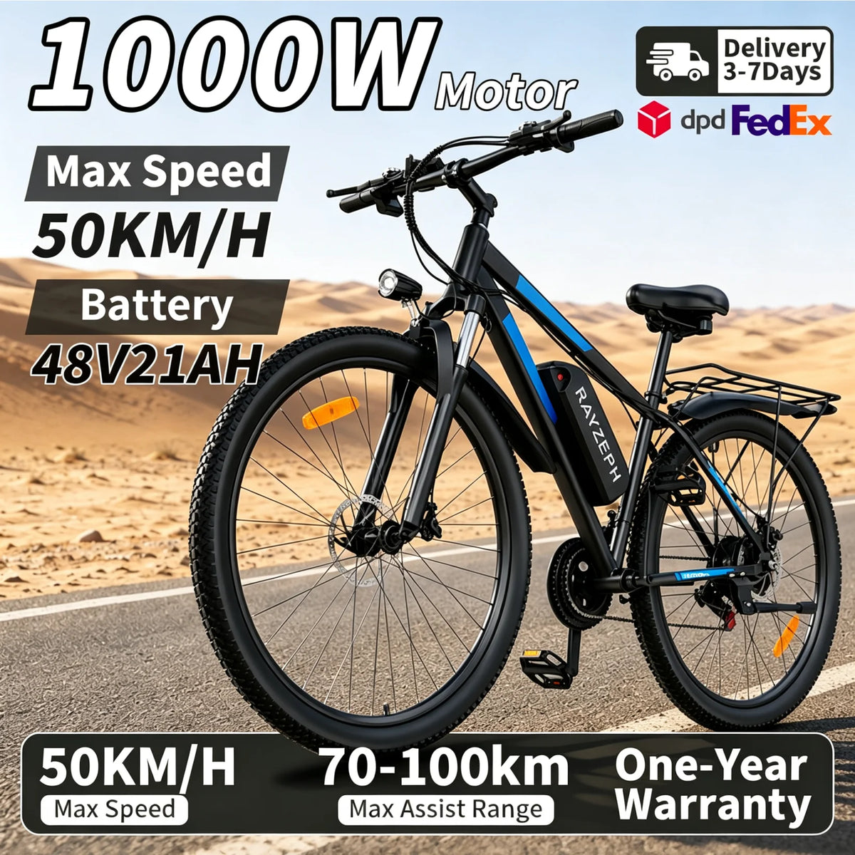 Bicicleta eléctrica RAYZEPH S29 Pro, stock UE, motor de 1000W, batería de 48V 21AH, aleación de aluminio, neumáticos de 29 pulgadas, bicicleta eléctrica urbana de 21 velocidades