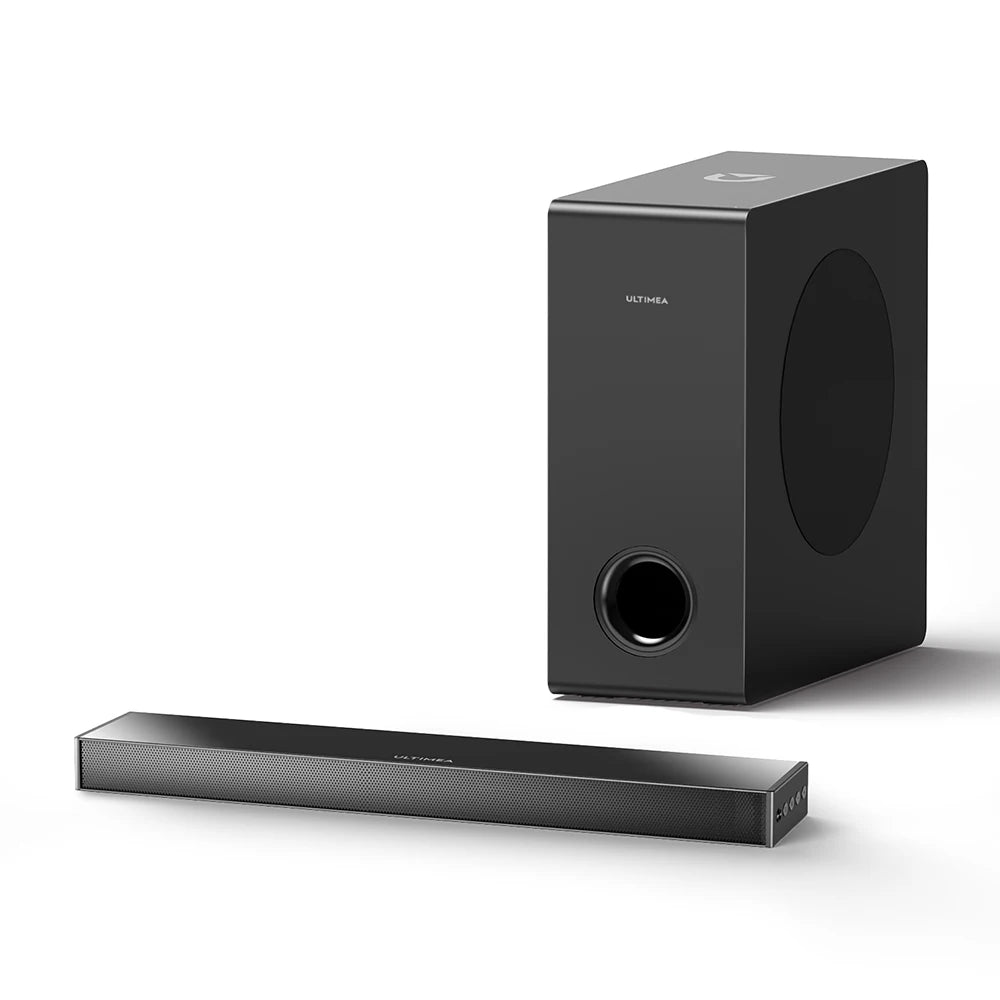 Subwoofer negro con altavoz circular y barra de sonido negra ULTIMEA, vista en estudio.