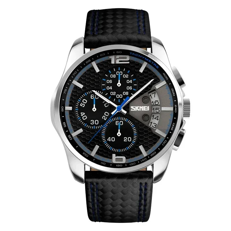 SKMEI 9106 Waterproof Quartz Sport Watch for Men Luxury Leather Date Calendar Stopwatch Wristwatches Mens Shockproof Clock