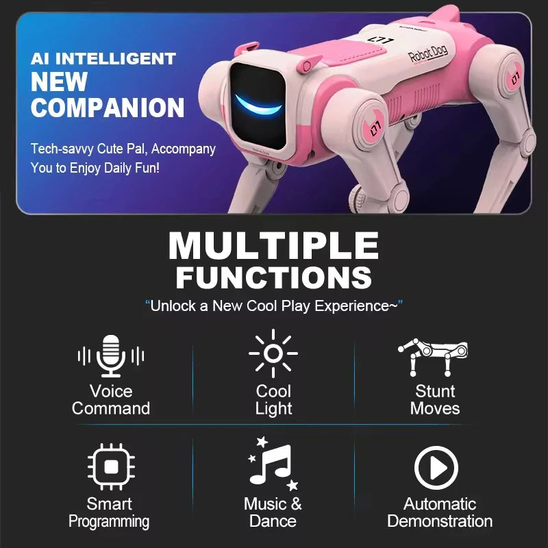 Perro robot RC rosa con panel frontal iluminado y modo de comandos, patas articuladas.