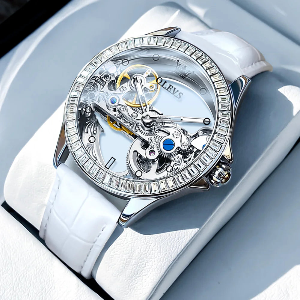 Reloj OLEVS de moda con diseño hueco creativo, marca de lujo, mecánico automático, resistente al agua para mujer, reloj mujer