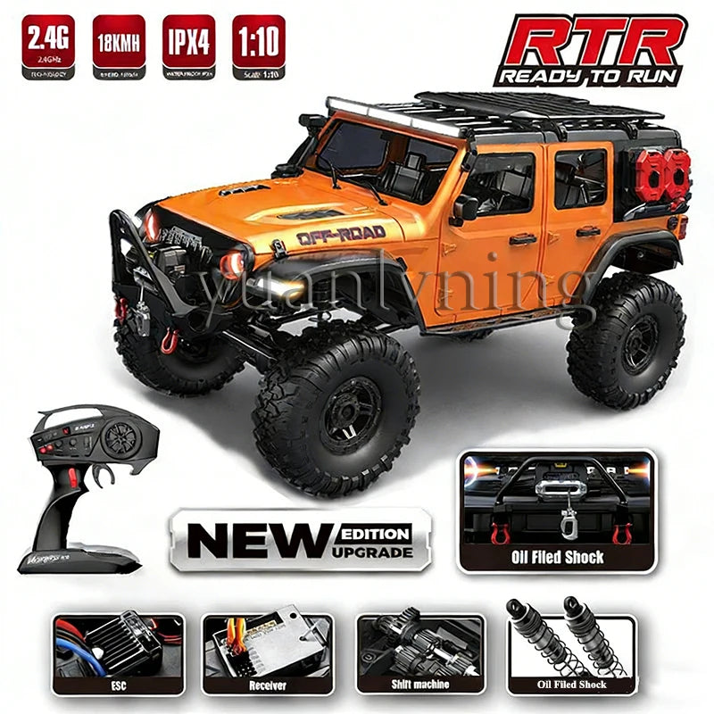 Coche RC 1/10 vehículo a control remoto 2.4G rock crawler de escala completa, camión todoterreno 4WD para escalar con luz LED