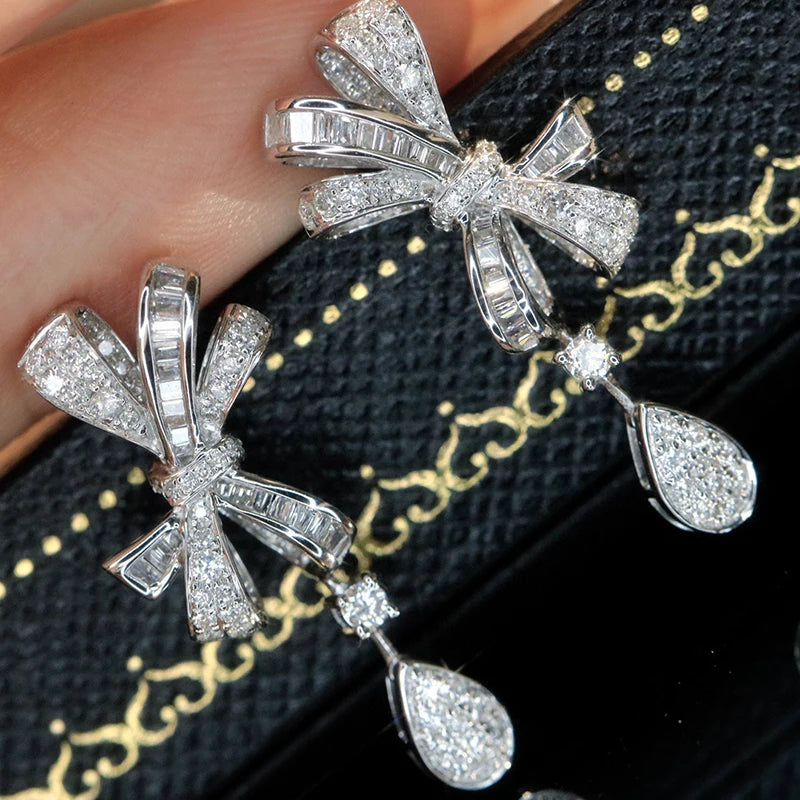 Aazuo, joyería de lujo, oro blanco de 18 quilates, diamantes naturales de 0,75 quilates, pendientes con lazo a la moda para niña, regalo de moda, Au750 fino