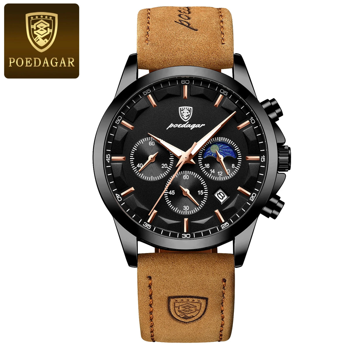 Reloj de pulsera para hombre POEDAGAR de lujo, elegante, resistente al agua, cronógrafo, luminoso, con fecha, de cuarzo y correa de piel
