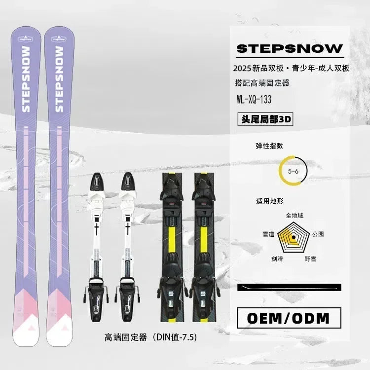 Equipo de esquí, esquíes de fondo, tabla de snowboard, conjunto de esquí, para jóvenes y adultos, para mujer, juego de soportes de doble placa, 133 cm, color morado.