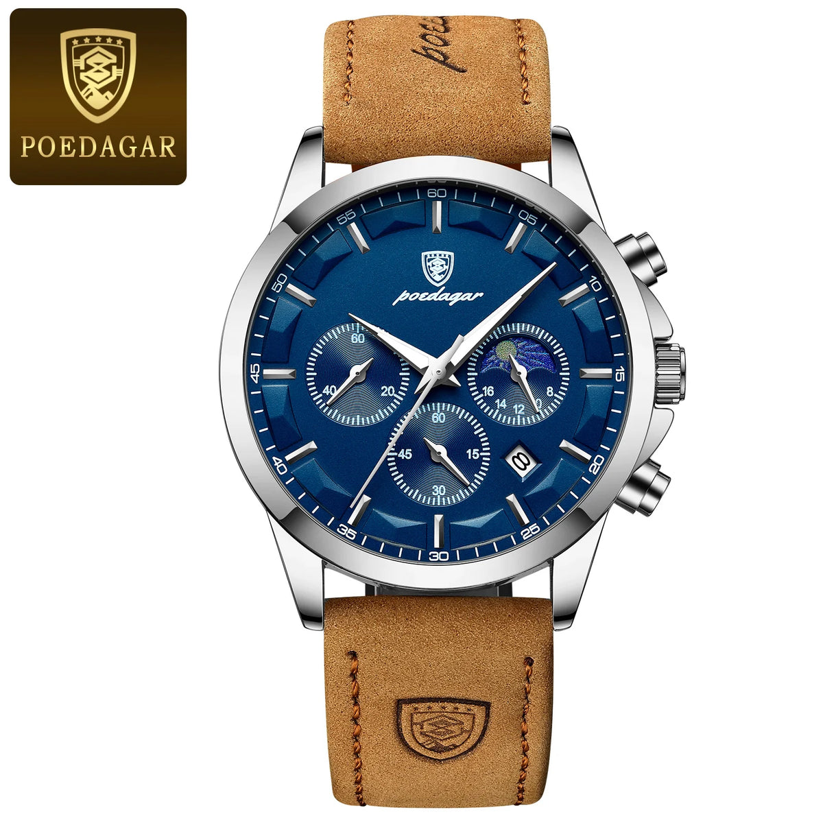 Reloj de pulsera para hombre POEDAGAR de lujo, elegante, resistente al agua, cronógrafo, luminoso, con fecha, de cuarzo y correa de piel