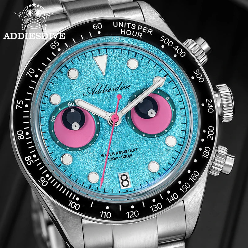 Reloj de lujo para hombre ADDIESDIVE AD2557 con esfera divertida, cronógrafo Meca-Quartz VK64, bisel de cerámica de 40 mm, luminiscencia BGW9 y resistente al agua hasta 100 m