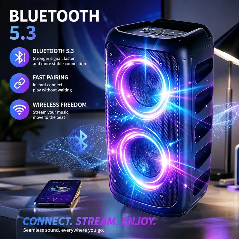 Altavoz Bluetooth profesional grande de 9900 Hz con micrófono, diseño portátil, incluye subwoofer Party Box, luces LED, compatible con funciones BT/USB/TF/AUX/FM/TWS/MIC/EQ, karaoke profesional. Regalo ideal para cumpleaños.
