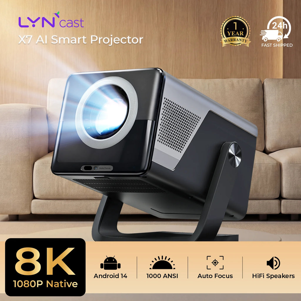 Proyector inteligente negro y gris con soporte, visto en ángulo sobre un sofá