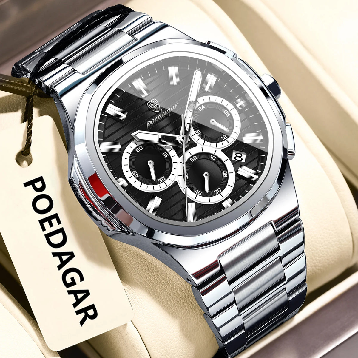 POEDAGAR Business Man Wristwatch Date Chronograph Waterproof Luminous Luxury Men Watch Stainless Steel Quartz Men's Watches Male