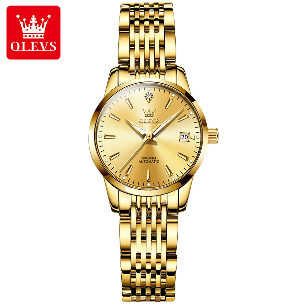 Reloj mecánico para mujer OLEVS 6635, reloj de pulsera elegante de lujo sencillo, reloj automático con calendario y resistente al agua de acero inoxidable
