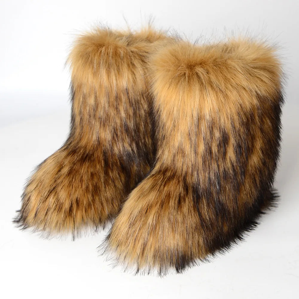 Botas de piel para mujer, botas de nieve de piel sintética peludas y esponjosas de lujo para invierno, botines de plataforma impermeables con cordones, botas de esquí rosas 2024