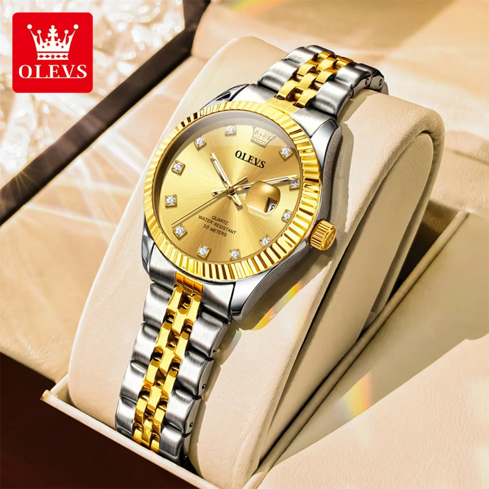 Reloj de mujer OLEVS tendencia moda plata acero inoxidable marca original reloj de pulsera gran fecha textura bisel roscado impermeable