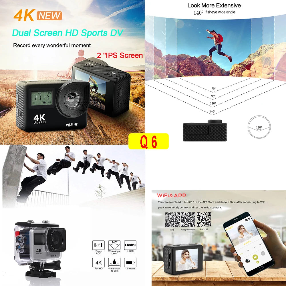 Cámara de Acción Q6S Ultra HD 4K/60fps 24MP WiFi 2 "IPS Screen170D bajo el agua 30M antivibración con lente Sony 386, cámara de vídeo para casco