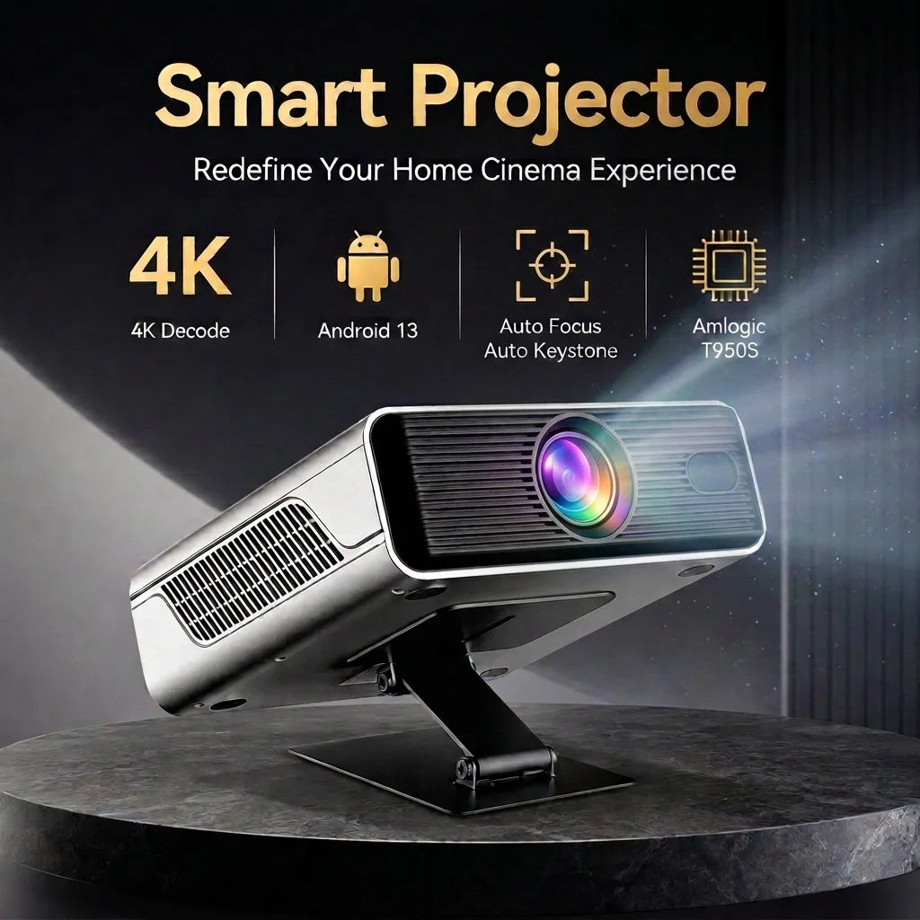 Proyector inteligente plateado con lente frontal y soporte ajustable