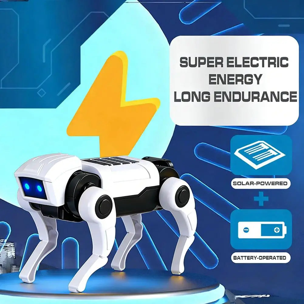 Perro robótico blanco con ojos LED azules y energía solar