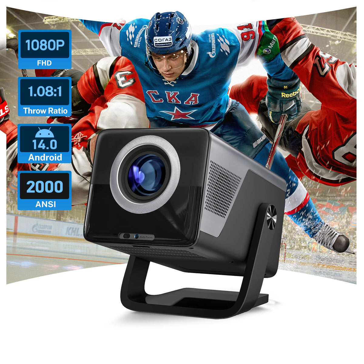 Proyector negro compacto con lente frontal y soporte abatible