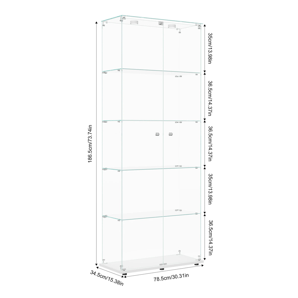 Vitrina de cristal con iluminación LED, vitrina expositora con 5 estantes de vidrio y 2 puertas de vidrio templado, mueble vitrina, para salón, oficina, coleccionables, libros, vino