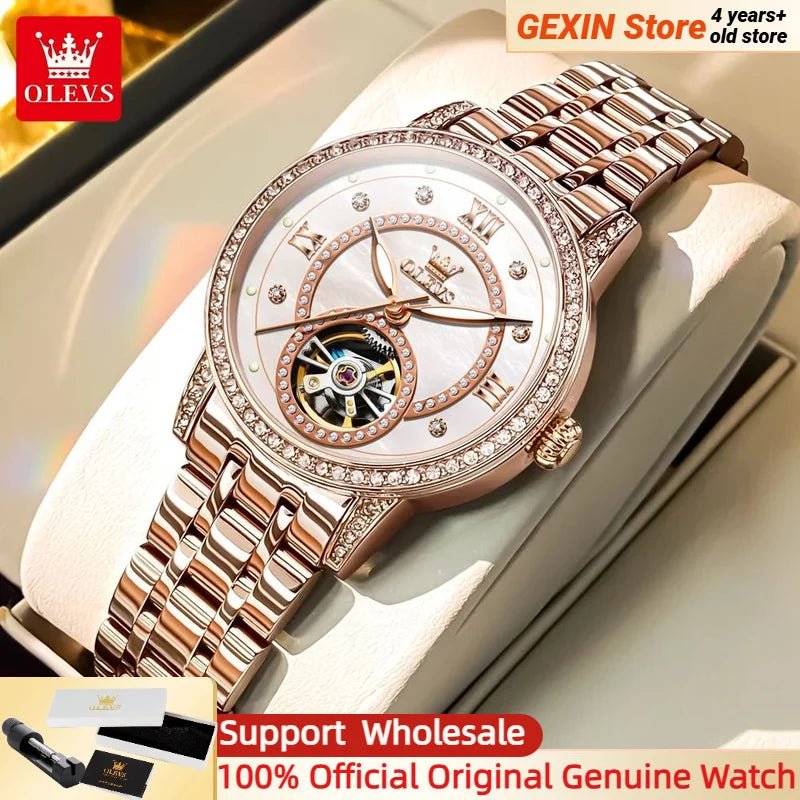 Reloj mecánico automático OLEVS 7036 para dama, esfera con diamantes, diseño de volante, marca TOP, elegante reloj para mujer, nueva tendencia