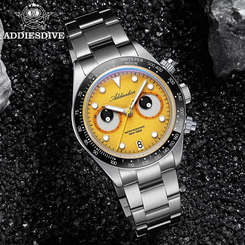 Reloj para hombre ADDIESDIVE, cronógrafo de cuarzo VK64, acero inoxidable 316L, luminiscencia BGW9, calendario, resistente al agua 100 m, reloj de lujo