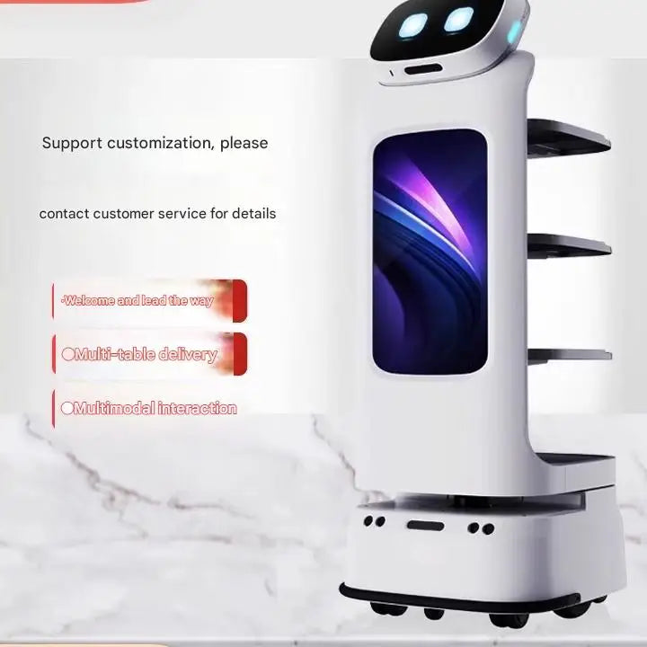 Robot repartidor blanco con luces superiores, pantalla azul y base con ruedas