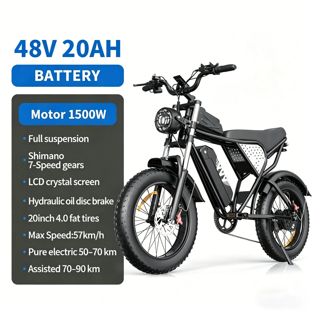 Bicicleta eléctrica YVY/RAYZEPH C20MAX, stock en la UE, 2000 W, neumático grueso de 20*4" pulgadas, batería extraíble de 52 V 40 Ah, 7 velocidades, frenos hidráulicos dobles, Adu