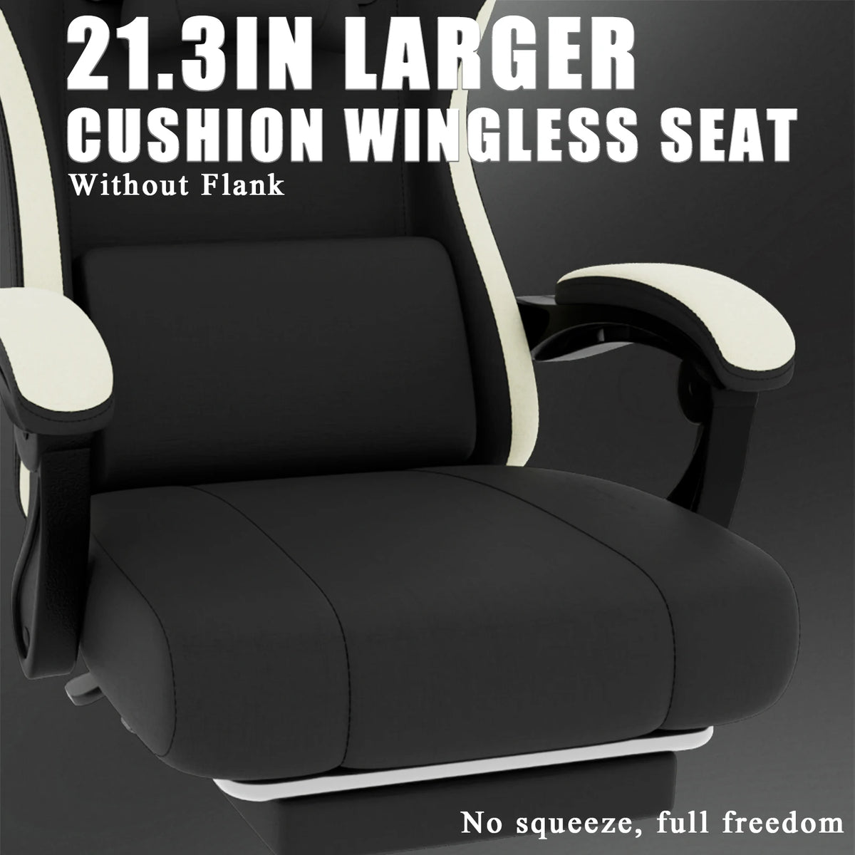 Silla de gaming ergonómica negra con asiento acolchado amplio y brazos con soporte